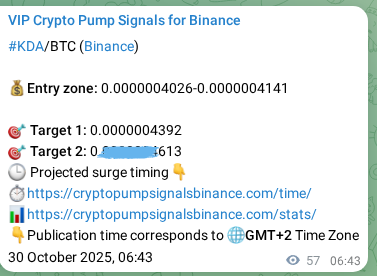 Binance trading signal proof for KDA pump, 30 October 2025, 08:15