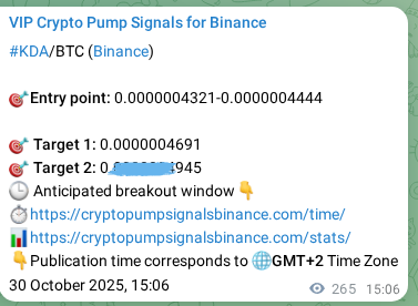 Crypto pump signal proof: KDA on Binance, 30 October 2025, 22:27