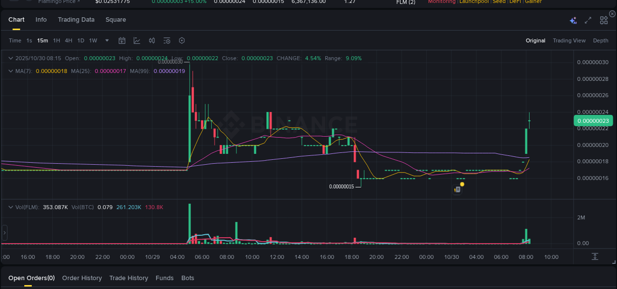 Crypto pump report: FLM on Binance, 30 October 2025, 08:03