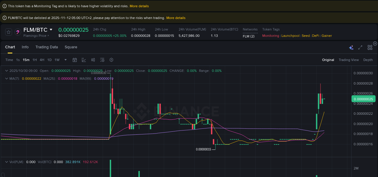 Crypto market update: FLM pump on Binance, 30 October 2025, 08:30