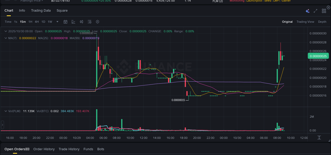Binance pump data for FLM at 30 October 2025, 08:42