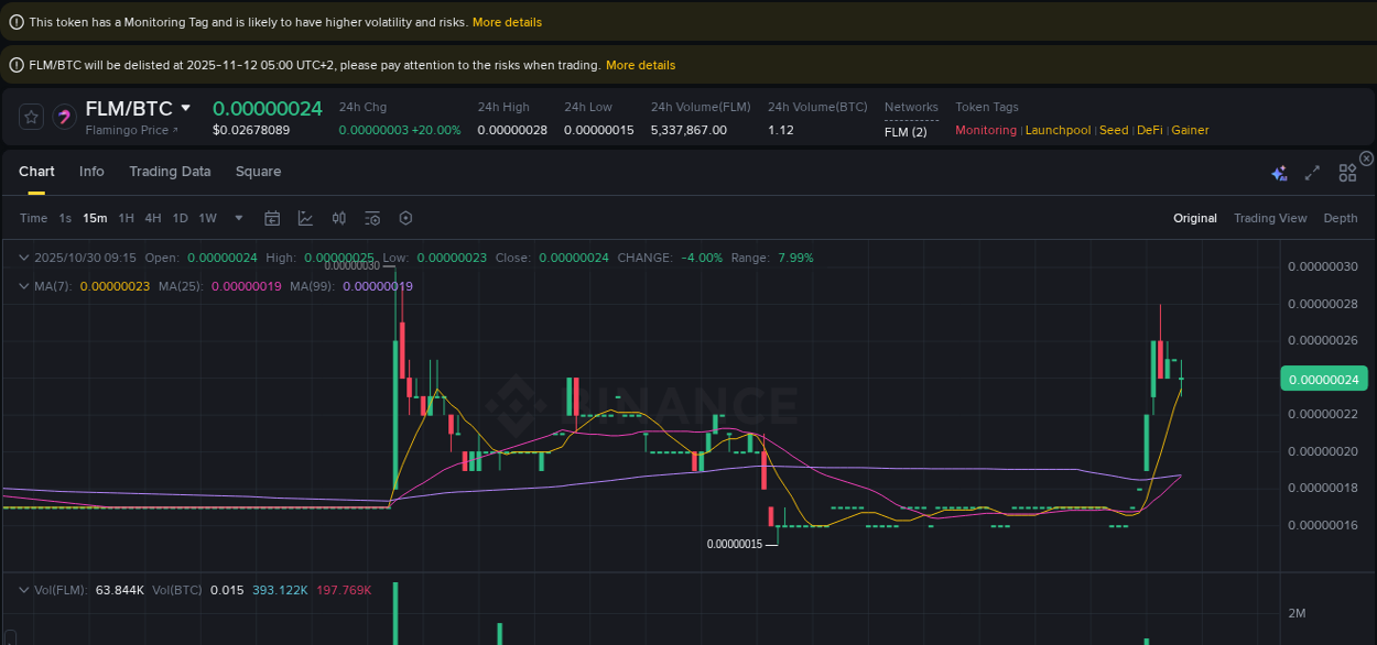 Real-time report of FLM pump on Binance, 30 October 2025, 08:49