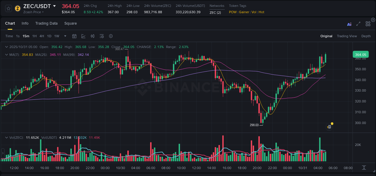 Binance pump data for ZEC at 31 October 2025, 05:08 Binance pump data for ZEC at 31 October 2025, 05:08