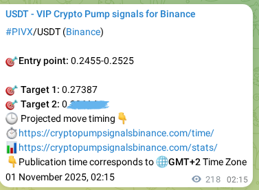 Crypto pump signal analytics for PIVX on Binance, 01 November 2025, 08:14 Crypto pump signal analytics for PIVX on Binance, 01 November 2025, 08:14