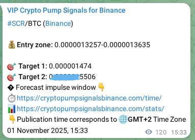 Crypto pump signal proof: Verify SCR on Binance, 01 November 2025, 18:52 Crypto pump signal proof: SCR on Binance, 01 November 2025, 18:52