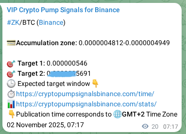 Crypto pump signal proof: ZK on Binance, 02 November 2025, 07:49