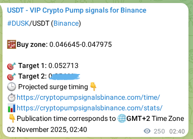 Crypto pump signal analytics for DUSK on Binance, 02 November 2025, 09:36 Crypto pump signal analytics for DUSK on Binance, 02 November 2025, 09:36