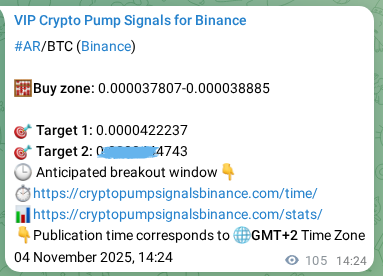 Binance trading signal proof for AR pump, 04 November 2025, 17:18