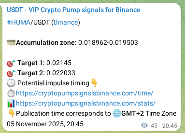 Crypto pump signal proof: Verify HUMA on Binance, 05 November 2025, 21:56 Crypto pump signal proof: HUMA on Binance, 05 November 2025, 21:56