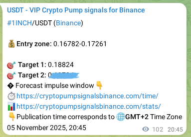 Trading signal proof: 1INCH pump from Binance, 05 November 2025, 23:34 Trading signal proof: 1INCH pump from Binance, 05 November 2025, 23:34