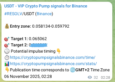 Crypto pump signal proof: Verify RESOLV on Binance, 06 November 2025, 03:21 Crypto pump signal proof: RESOLV on Binance, 06 November 2025, 03:21