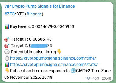 Binance trading signal proof for ZEC pump, 06 November 2025, 09:38