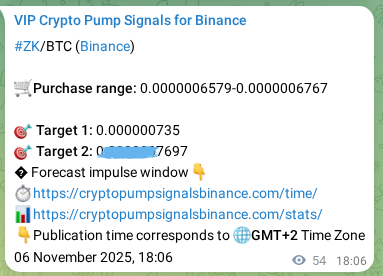 Binance pump signal proof for ZK on 06 November 2025, 19:35