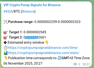 Crypto pump signal proof: KDA on Binance, 06 November 2025, 20:32