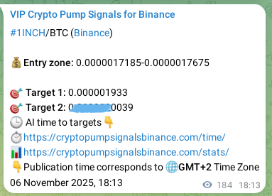 Trading signal proof: 1INCH pump from Binance, 06 November 2025, 23:20