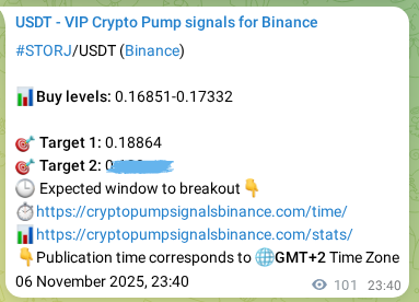 Binance pump signal proof for STORJ on 07 November 2025, 02:27