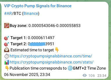 Crypto pump signal proof: AR on Binance, 07 November 2025, 02:30