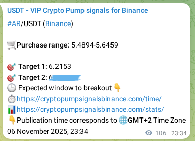 Authenticated proof of AR's pump signal on Binance at 07 November 2025, 02:30