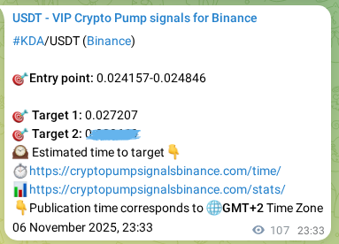 Binance trading signal proof for KDA pump, 07 November 2025, 02:31