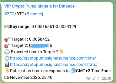 Crypto trading signal proof: ZEC pump on Binance, 07 November 2025, 06:31