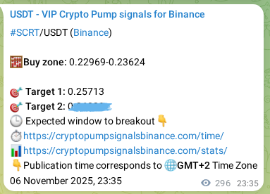 Live proof of SCRT pump signal on Binance, 07 November 2025, 07:48