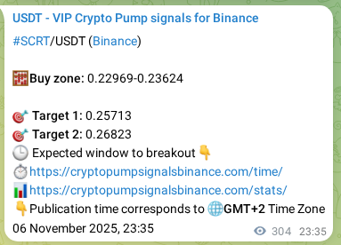 Crypto pump signal confirmation: SCRT on Binance, 07 November 2025, 08:01