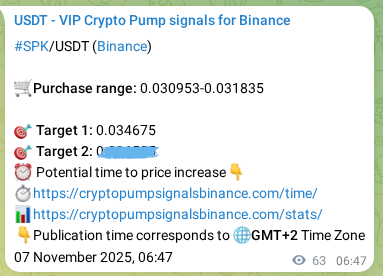 Crypto market signal confirmation: SPK pump on Binance, 07 November 2025, 08:25