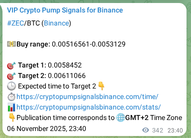 Binance pump signal verification for ZEC at 07 November 2025, 09:10