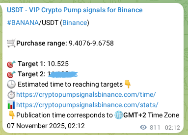 Binance pump signal proof for BANANA on 08 November 2025, 00:43