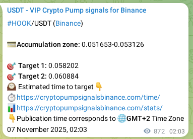 Real-time proof of HOOK pump signal on Binance, 08 November 2025, 02:15
