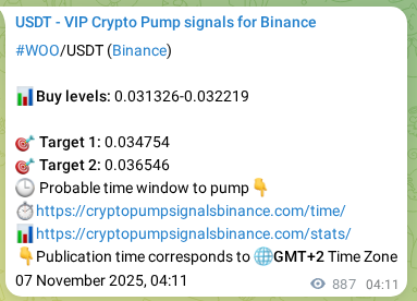 Trading signal verification: WOO pump from Binance, 08 November 2025, 04:39