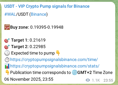 Crypto pump signal verification for WAL on Binance, 08 November 2025, 05:32