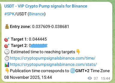 Crypto pump signal proof: SPK on Binance, 08 November 2025, 16:45