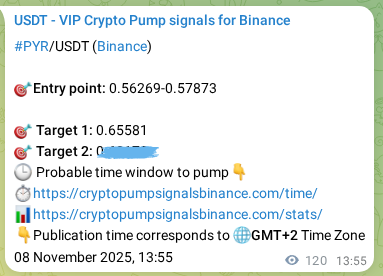 Binance trading signal proof for PYR pump, 08 November 2025, 17:11