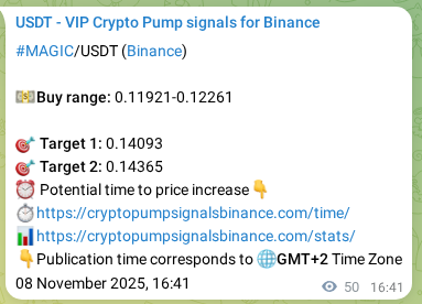 Trading signal proof: MAGIC pump from Binance, 08 November 2025, 18:03