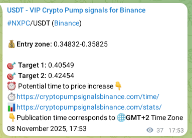 Binance pump signal data for NXPC at 08 November 2025, 18:54