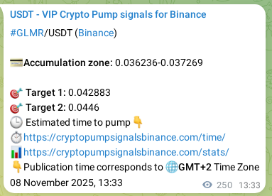Crypto trading signal proof: GLMR pump on Binance, 08 November 2025, 20:30