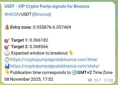 Crypto pump signal analytics for HOOK on Binance, 09 November 2025, 00:25
