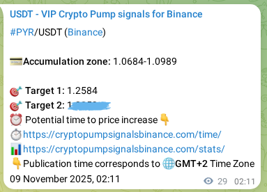 Proof of PYR pump signal on Binance at 09 November 2025, 02:58