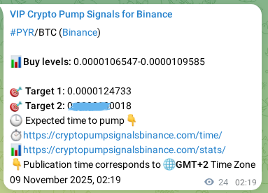 Proof of PYR pump signal on Binance at 09 November 2025, 02:58