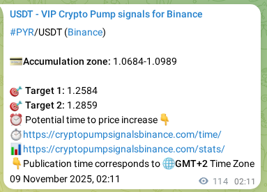 Authenticated proof of PYR's pump signal on Binance at 09 November 2025, 05:19
