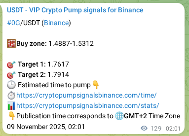 Binance trading signal proof for 0G pump, 09 November 2025, 05:36