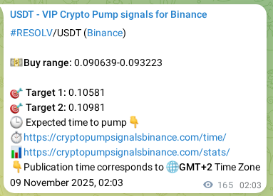 Trading signal proof: RESOLV pump from Binance, 09 November 2025, 06:36