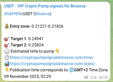 Crypto trading signal proof: SAPIEN pump on Binance, 09 November 2025, 08:49