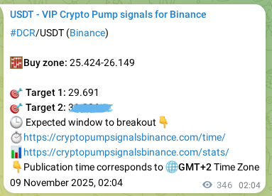DCR pump signal confirmation from Binance, timestamp: 09 November 2025, 11:40