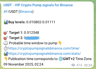 Crypto trading signal verification: F pump on Binance, 09 November 2025, 15:32