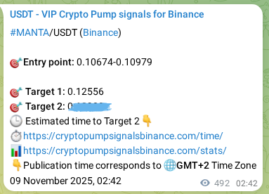 Binance pump signal verification for MANTA at 09 November 2025, 16:19