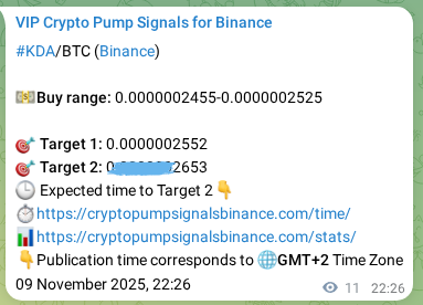 Proof of KDA pump signal on Binance at 09 November 2025, 22:44