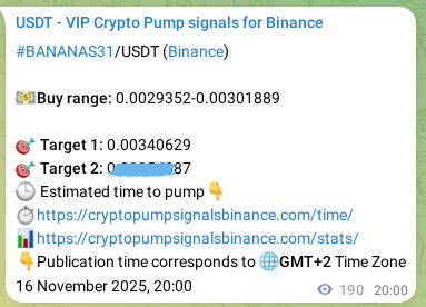View the proof of BANANAS31 pump signal on Binance at 17 November 2025, 01:08 Proof of BANANAS31 pump signal on Binance at 17 November 2025, 01:08