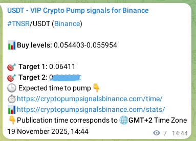 Real-time proof of TNSR pump signal on Binance, 19 November 2025, 14:55